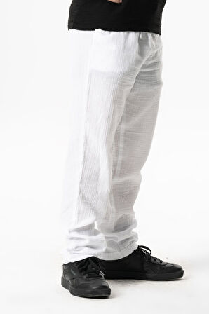 Beli Lastikli Müslin Cepli Yazlık Çocuk Pantolon Beyaz Byz