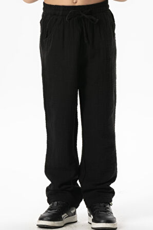 Beli Lastikli Müslin Cepli Yazlık Çocuk Pantolon Siyah Syh