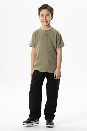 Beli Lastikli Müslin Cepli Yazlık Çocuk Pantolon Siyah Syh