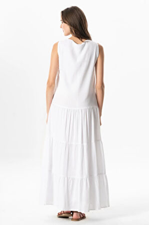 Kolsuz Şile Bezi Bahar V Yaka Nakışlı Uzun Yazlık Elbise Beyaz Byz