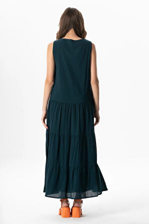 Kolsuz Şile Bezi Bahar V Yaka Nakışlı Uzun Yazlık Elbise Petrol Ptrl