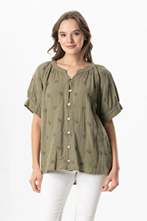 Kısa Kol V Yaka Venüs Düğmeli Müslin Yazlık Bluz Haki Hk