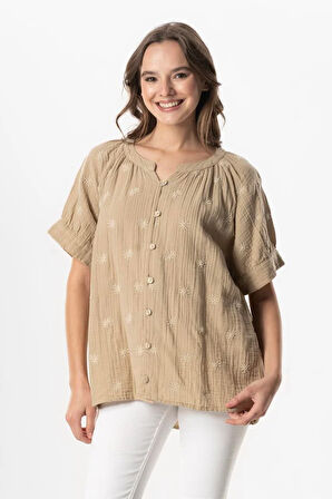 Kısa Kol V Yaka Venüs Düğmeli Müslin Yazlık Bluz Vizon Vzn