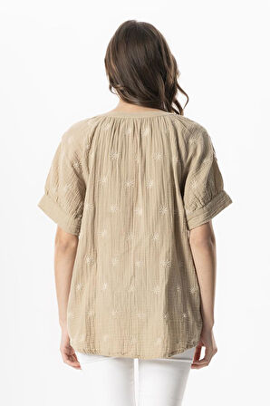 Kısa Kol V Yaka Venüs Düğmeli Müslin Yazlık Bluz Vizon Vzn