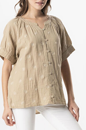 Kısa Kol V Yaka Venüs Düğmeli Müslin Yazlık Bluz Vizon Vzn