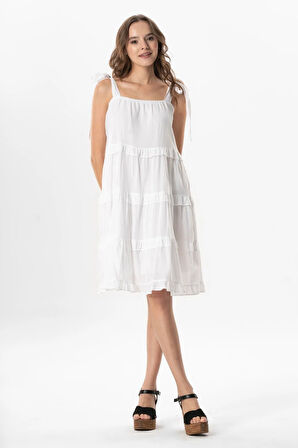 Askılı Vual Dubai Kare Yaka Kısa Yazlık Elbise Beyaz Byz