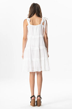 Askılı Vual Dubai Kare Yaka Kısa Yazlık Elbise Beyaz Byz