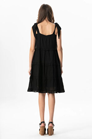 Askılı Vual Dubai Kare Yaka Kısa Yazlık Elbise Siyah Syh