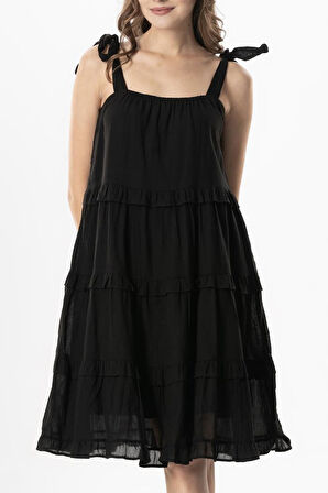 Askılı Vual Dubai Kare Yaka Kısa Yazlık Elbise Siyah Syh