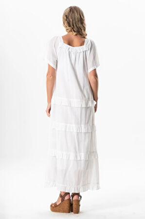 Kısa Kol Vual Leman Kare Yaka Uzun Yazlık Elbise Beyaz Byz