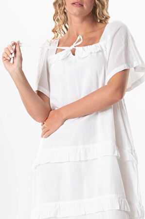 Kısa Kol Vual Leman Kare Yaka Uzun Yazlık Elbise Beyaz Byz