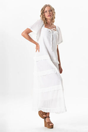 Kısa Kol Vual Leman Kare Yaka Uzun Yazlık Elbise Beyaz Byz