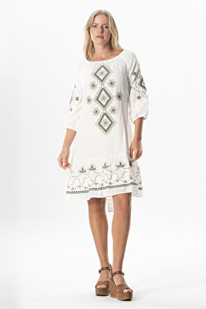 Yarım Kol Vual Yeşim Kemer Detaylı Nakışlı Kısa Yazlık Elbise Krem Krm