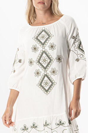 Yarım Kol Vual Yeşim Kemer Detaylı Nakışlı Kısa Yazlık Elbise Krem Krm