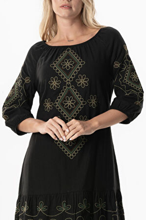 Yarım Kol Vual Yeşim Kemer Detaylı Nakışlı Kısa Yazlık Elbise Siyah Syh