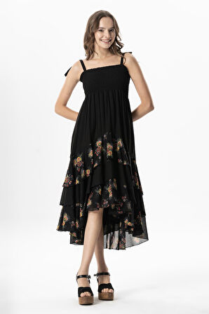 Askılı Vual Gülçimen Kat Kat Asimetrik Kesim Yazlık Midi Boy Elbise Siyah Syh