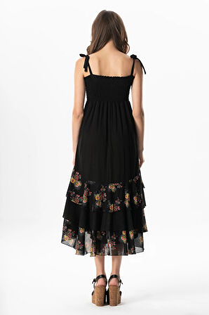 Askılı Vual Gülçimen Kat Kat Asimetrik Kesim Yazlık Midi Boy Elbise Siyah Syh