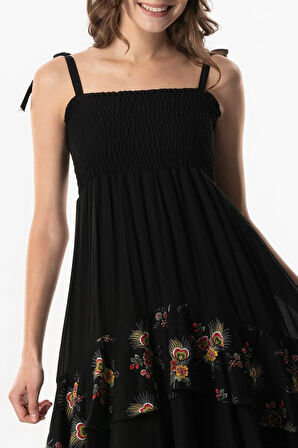 Askılı Vual Gülçimen Kat Kat Asimetrik Kesim Yazlık Midi Boy Elbise Siyah Syh