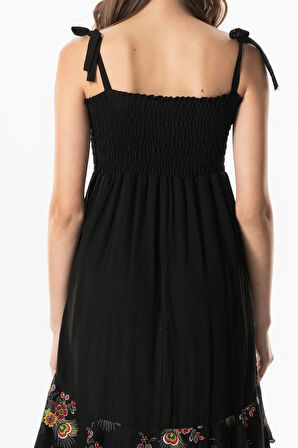 Askılı Vual Gülçimen Kat Kat Asimetrik Kesim Yazlık Midi Boy Elbise Siyah Syh