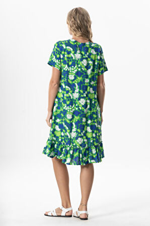 Kısa Kol Melda Viskon Desenli Midi Boy Yazlık Elbise Soyut Çimen Yşl Syt çmn