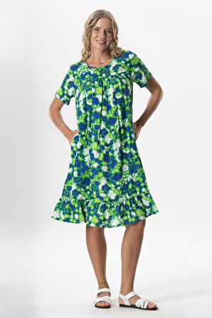 Kısa Kol Melda Viskon Desenli Midi Boy Yazlık Elbise Soyut Çimen Yşl Syt çmn