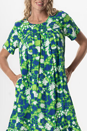 Kısa Kol Melda Viskon Desenli Midi Boy Yazlık Elbise Soyut Çimen Yşl Syt çmn