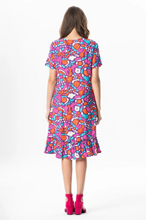 Kısa Kol Melda Viskon Desenli Midi Boy Yazlık Elbise Soyut Mor Syt mor