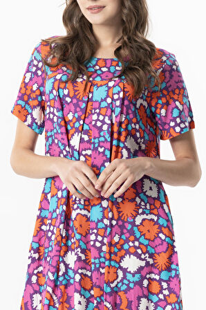 Kısa Kol Melda Viskon Desenli Midi Boy Yazlık Elbise Soyut Mor Syt mor