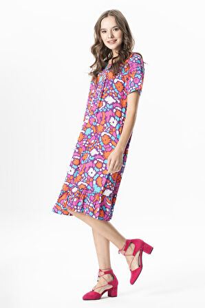 Kısa Kol Melda Viskon Desenli Midi Boy Yazlık Elbise Soyut Mor Syt mor