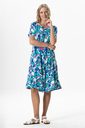 Kısa Kol Melda Viskon Desenli Midi Boy Yazlık Elbise Soyut Nil Yeşili Syt nlysl