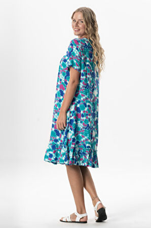 Kısa Kol Melda Viskon Desenli Midi Boy Yazlık Elbise Soyut Nil Yeşili Syt nlysl