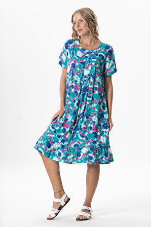 Kısa Kol Melda Viskon Desenli Midi Boy Yazlık Elbise Soyut Nil Yeşili Syt nlysl