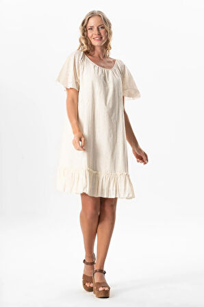 Kısa Kol Vual Katre Güpür Kısa Yazlık Elbise Krem Krm