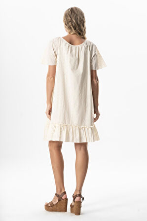 Kısa Kol Vual Katre Güpür Kısa Yazlık Elbise Krem Krm