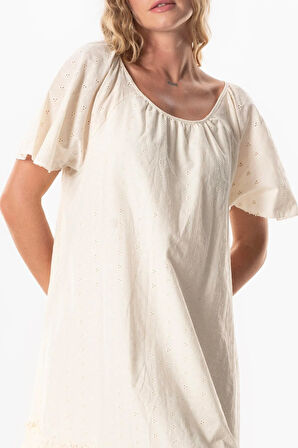 Kısa Kol Vual Katre Güpür Kısa Yazlık Elbise Krem Krm