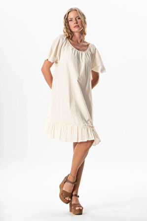 Kısa Kol Vual Katre Güpür Kısa Yazlık Elbise Krem Krm