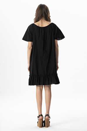 Kısa Kol Vual Katre Güpür Kısa Yazlık Elbise Siyah Syh