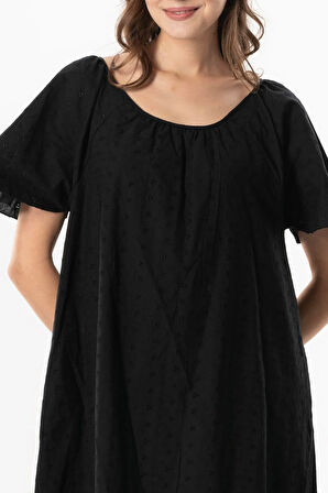 Kısa Kol Vual Katre Güpür Kısa Yazlık Elbise Siyah Syh