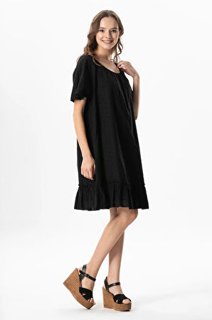 Kısa Kol Vual Katre Güpür Kısa Yazlık Elbise Siyah Syh
