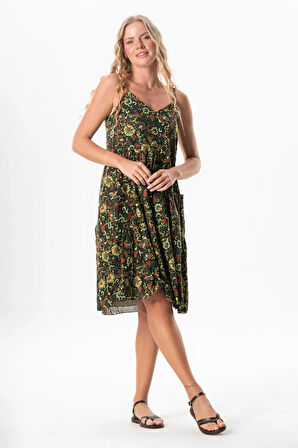 Askılı Vual Melisa Kısa Yazlık Etnik Elbise Sarmaşık Haki Srmşk Hk