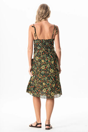 Askılı Vual Melisa Kısa Yazlık Etnik Elbise Sarmaşık Haki Srmşk Hk