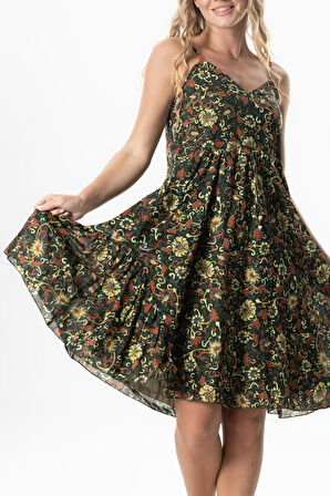 Askılı Vual Melisa Kısa Yazlık Etnik Elbise Sarmaşık Haki Srmşk Hk