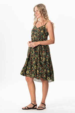 Askılı Vual Melisa Kısa Yazlık Etnik Elbise Sarmaşık Haki Srmşk Hk