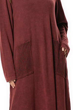 Uzun Kol Sevda Geniş Boğazlı Sonbahar ve Kışlık Cepli Triko Elbise Bordo Brd