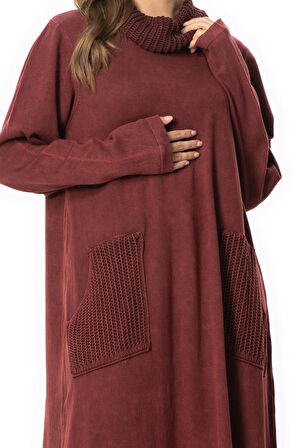 Uzun Kol Sevda Geniş Boğazlı Sonbahar ve Kışlık Cepli Triko Elbise Bordo Brd
