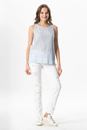 Kolsuz Poplin Zeyno Yazlık Bluz Buz Mavi Bmv