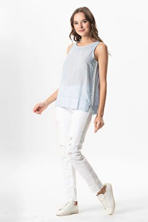 Kolsuz Poplin Zeyno Yazlık Bluz Buz Mavi Bmv