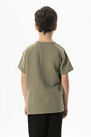 Kısa Kol Batı Cep Detaylı Yazlık Müslin Erkek Çocuk Tshirt Haki Hk