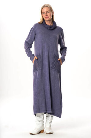 Uzun Kol Sevda Geniş Boğazlı Sonbahar ve Kışlık Cepli Triko Elbise Mor Mor