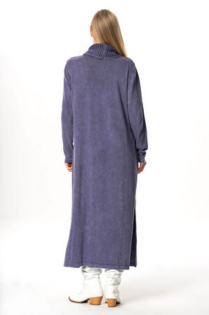 Uzun Kol Sevda Geniş Boğazlı Sonbahar ve Kışlık Cepli Triko Elbise Mor Mor